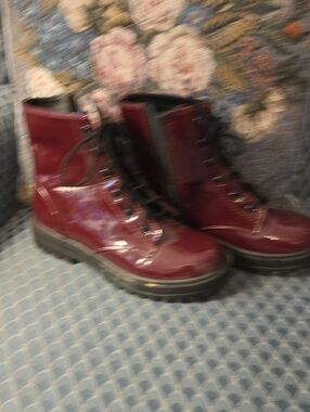 Patent Lace-Up Combat Boots in Burgundy